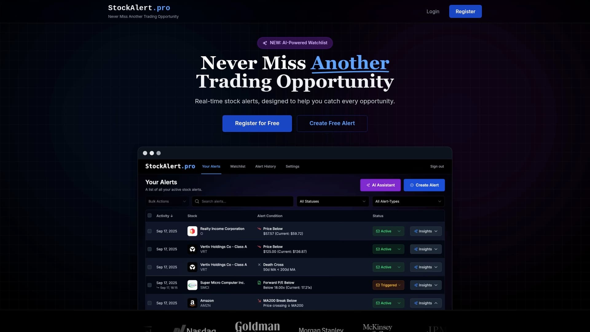 Screenshot of real-time stock alerts