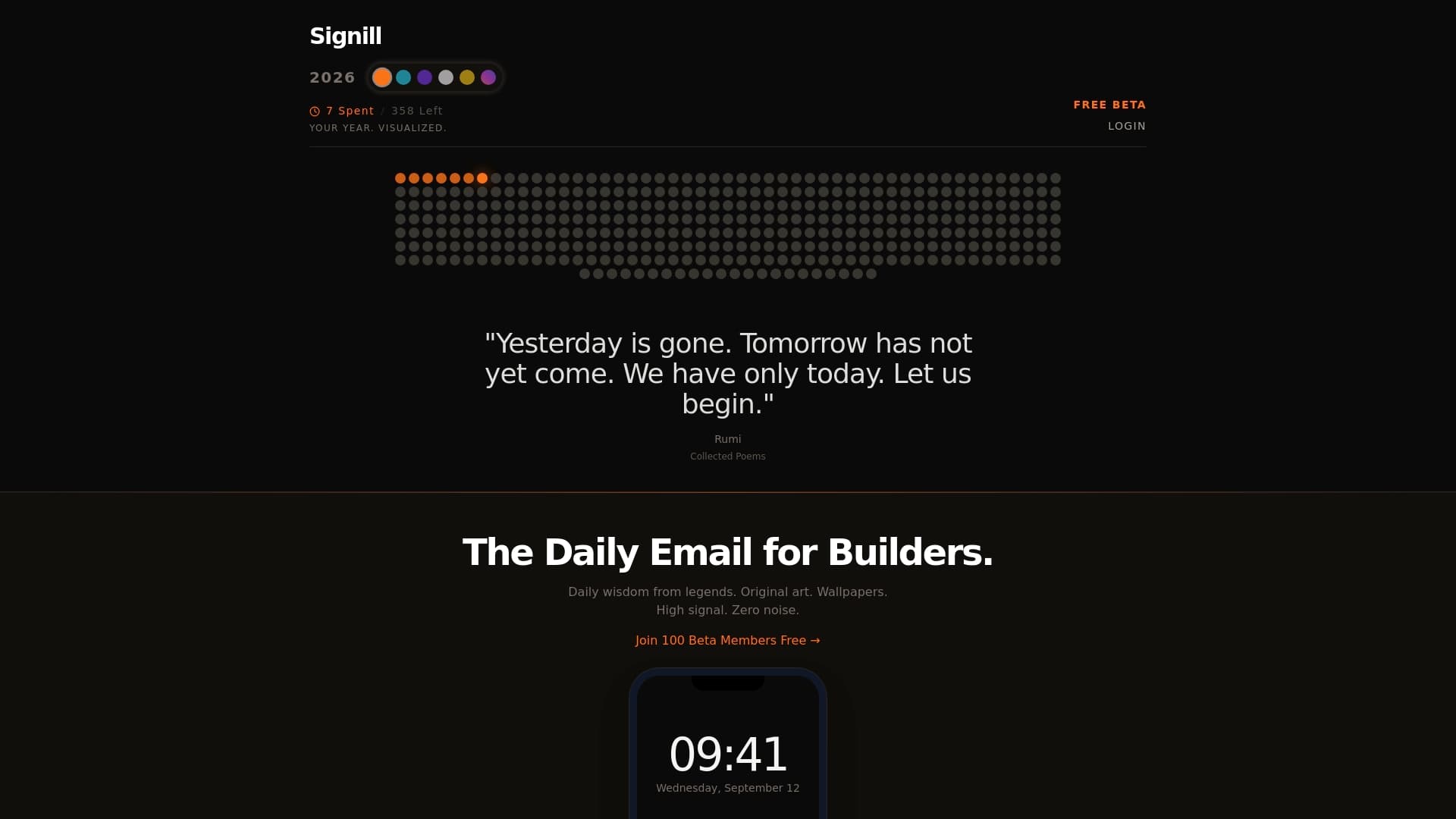 Screenshot of Signill - Daily Email with Quotes, Art & Phone Wallpapers | High Signal. Zero Noise.