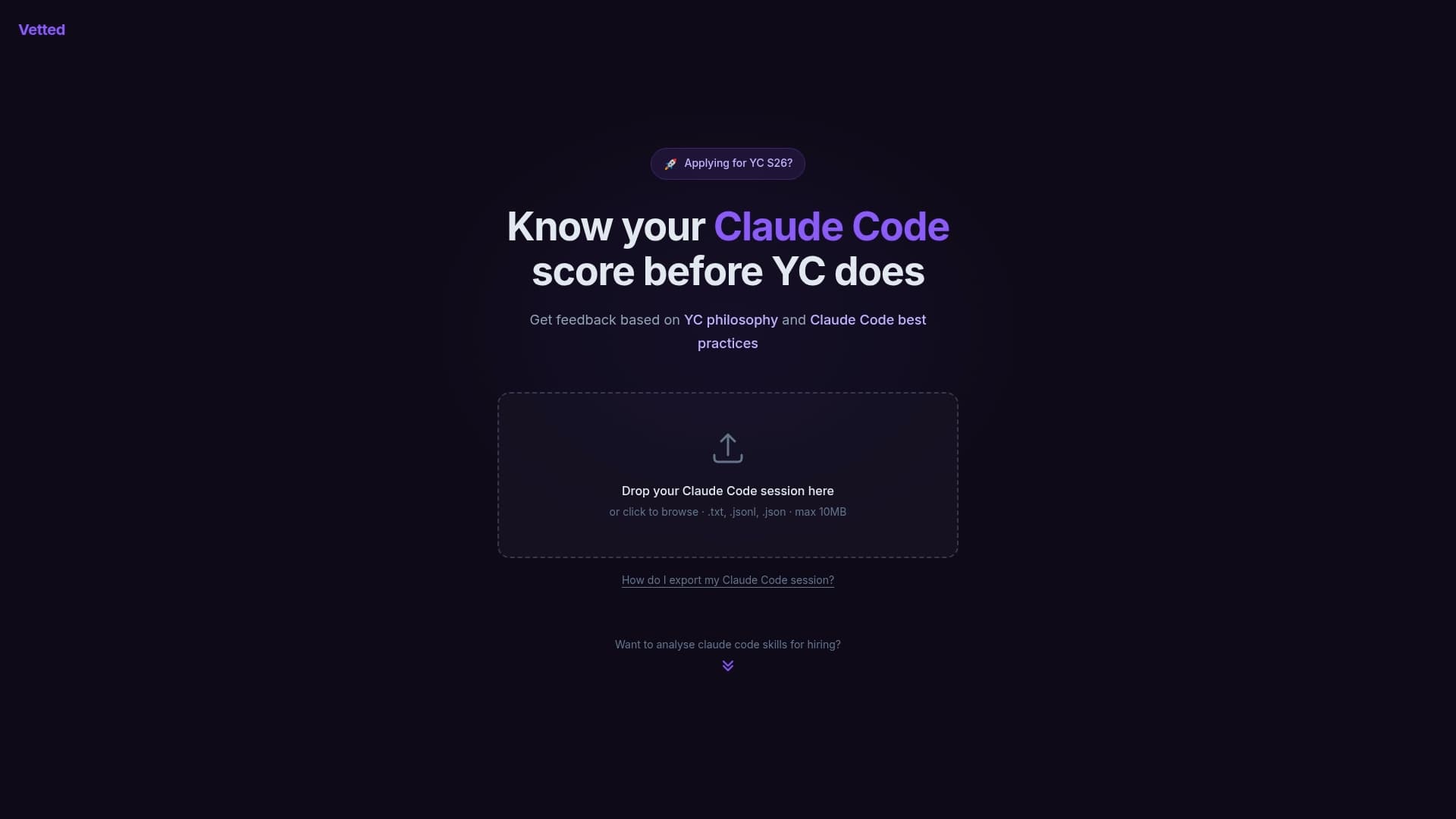 Screenshot of Vetted - Evaluate Your Claude Code Session Before Submitting to YC