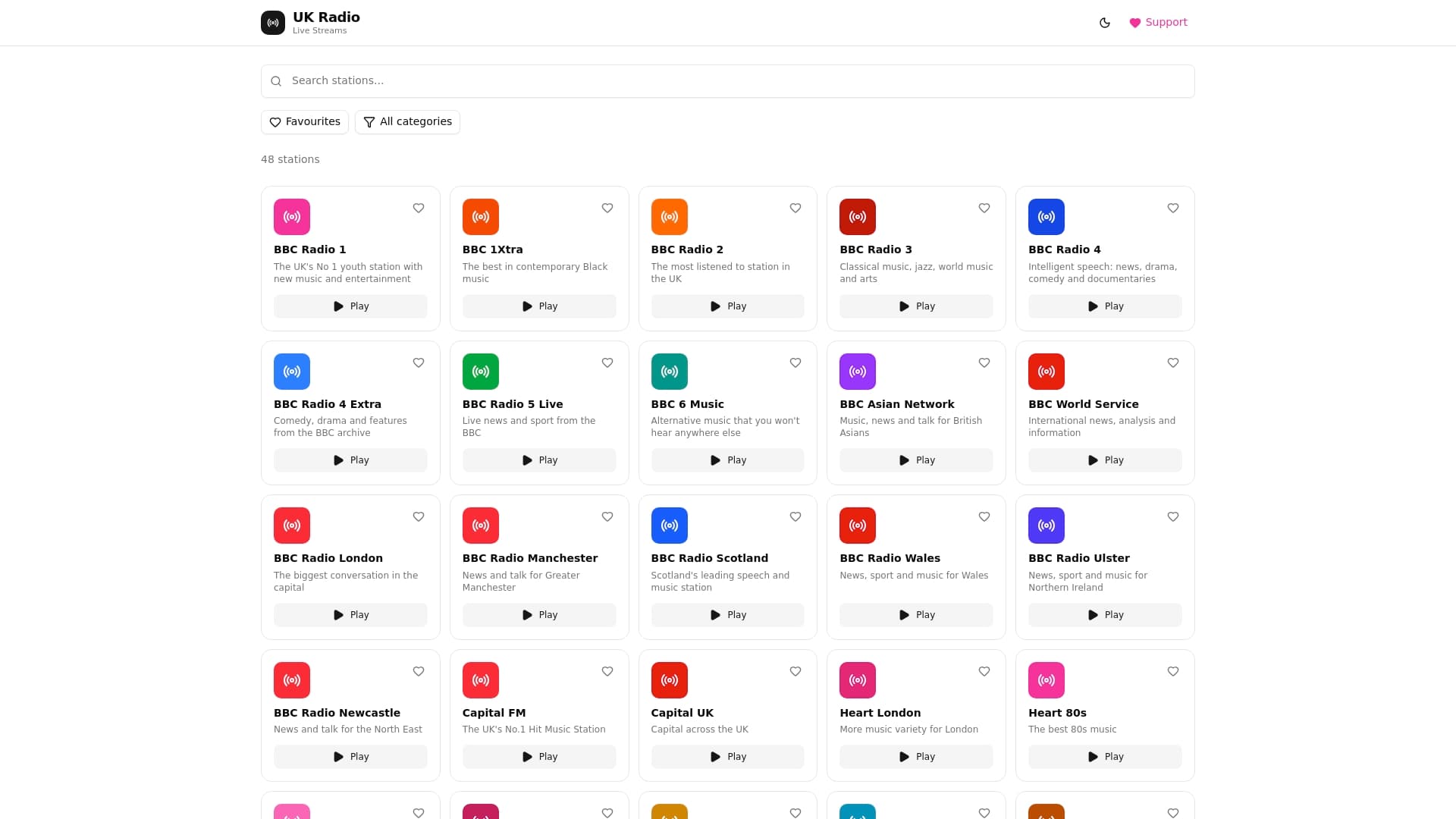 Screenshot of UK Radio Live Streams