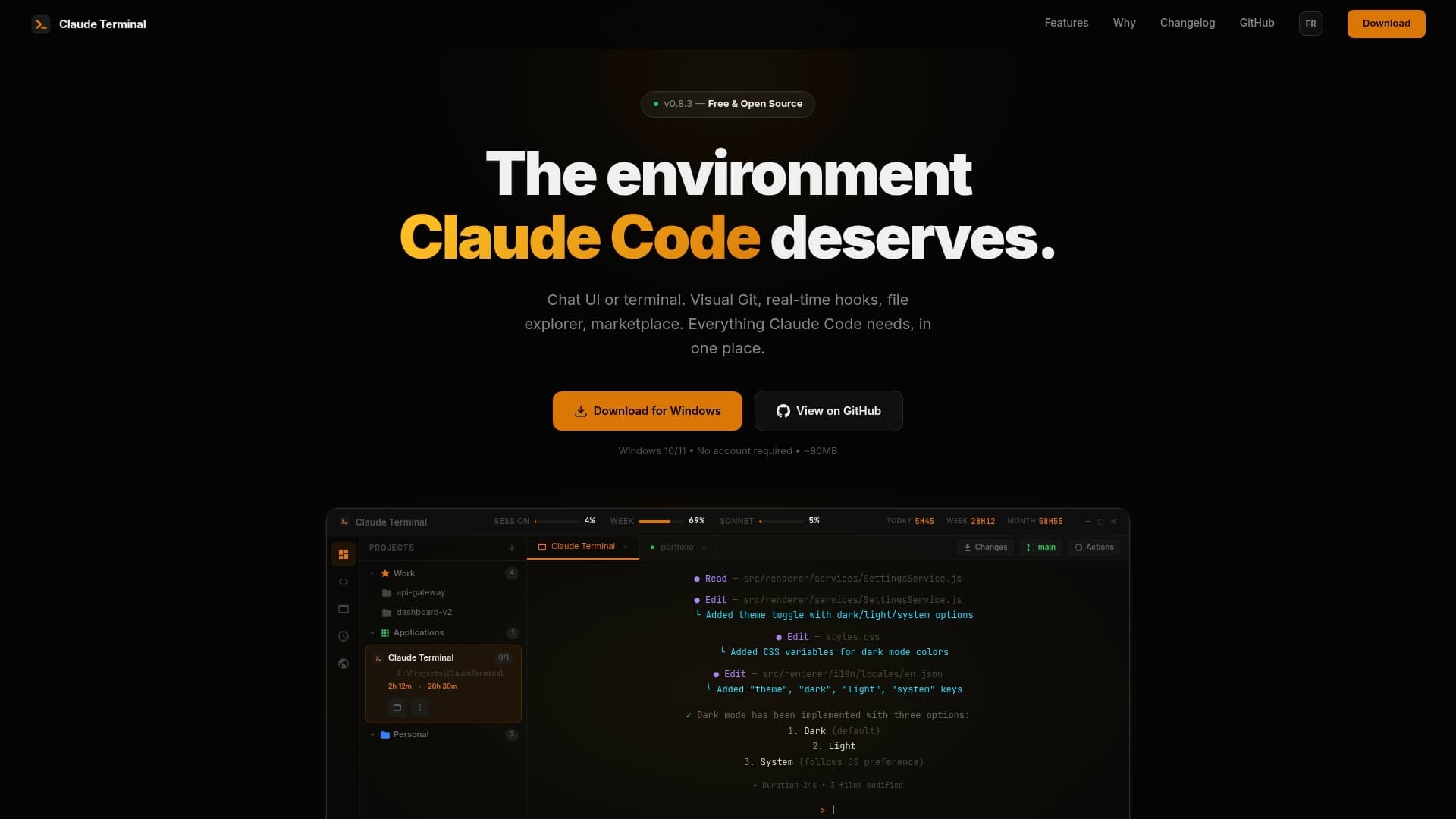 Screenshot of Claude Terminal - The Dev Environment for Claude Code